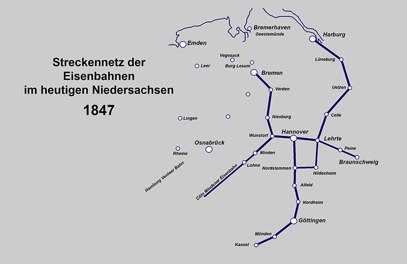 Streckennetz der Eisenbahnen im heutigen Niedersachsen 1847
